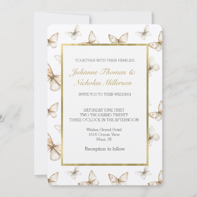 Chic Gold Cream White Butterflies Wedding   Inbjudningar (Framsida)
