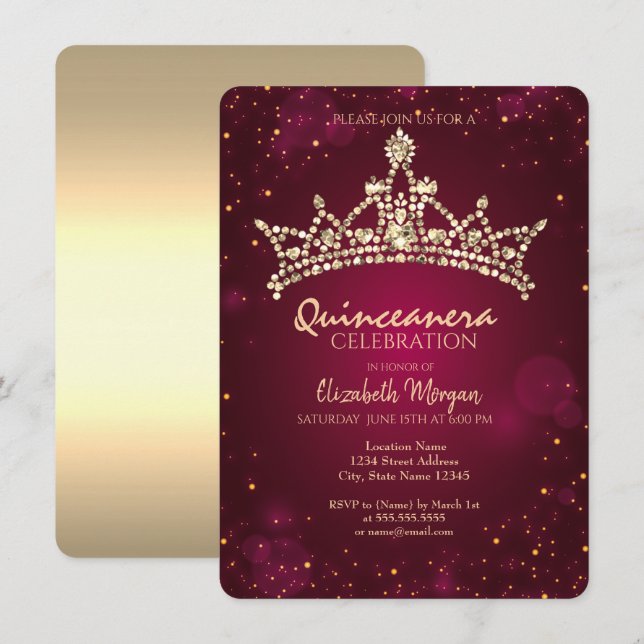 Chic Gold Crown Burgundy Quinceañera Inbjudningar (Fram/baksida)
