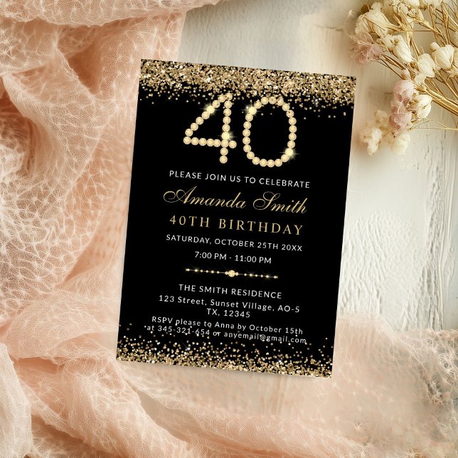Chic Gold Diamonds 40-årsfest Inbjudan (Gold Diamond 40th Birthday Party Invitation)