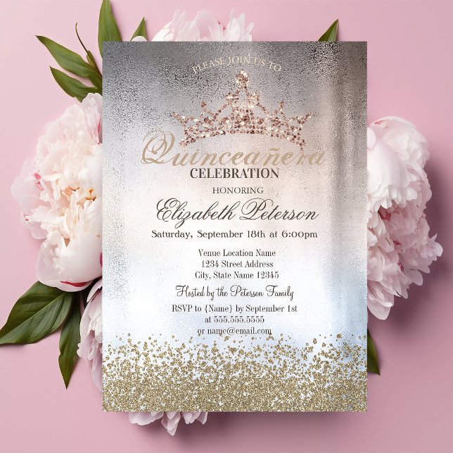 Chic Gold Diamonds, Tiara Metallisk Quinceañera Inbjudningar (Skapare uppladdad)