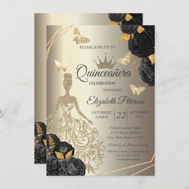 Chic Gold Dress,Butterfly Black Roses Quinceañera Inbjudningar (Fram/baksida)