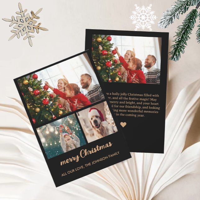 Chic Gold Foil Black Photo Collage julbil Julkort (Modern Gold Foil Black Photo Collage Christmas Car Holiday Card)