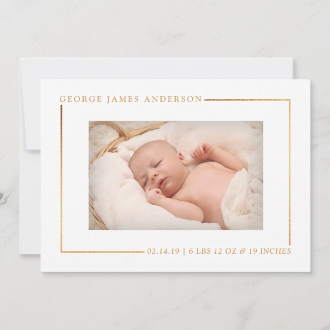 Chic Gold Foil Photo Birth Announcement Meddelande (Framsida)