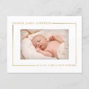 Chic Gold Foil Photo Birth Announcement Meddelande Vykort