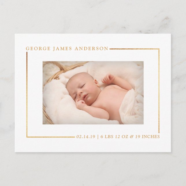Chic Gold Foil Photo Birth Announcement Meddelande Vykort (Framsida)
