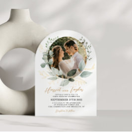 Chic Gold Greenery Eucalyptus Photo Wedding Arch Inbjudningar