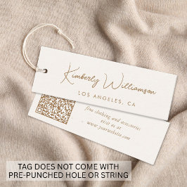 Chic Gold Script QR Code Cream Clothing Hang Tag Mini Visitkort
