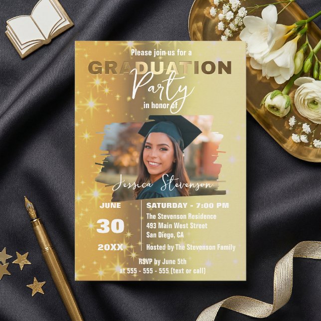 Chic Gold Sparkly Metallic Photo Graduation Party Inbjudningar (Skapare uppladdad)