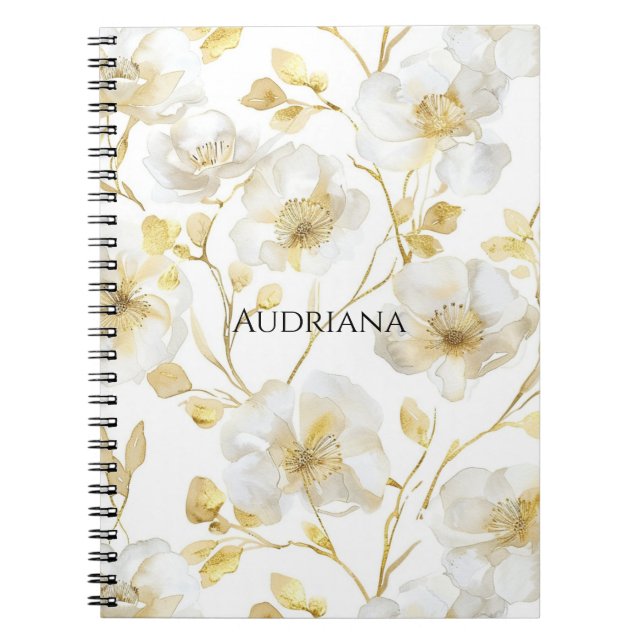 Chic Gold White Floral Anteckningsbok (Framsidan)