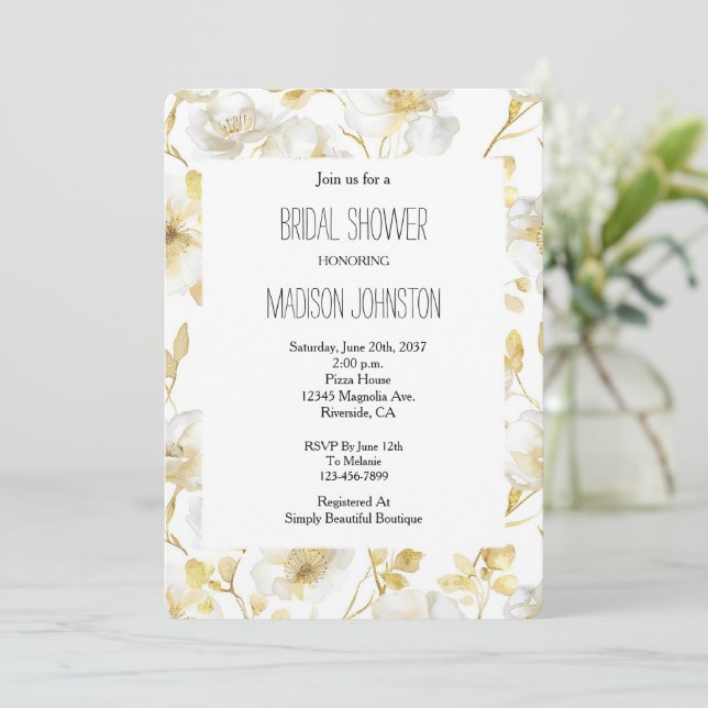 Chic Gold White Flowers Bridal Shower Inbjudningar (Stående Fram)