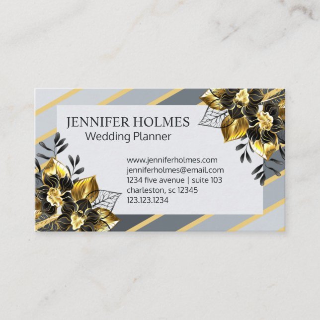 Chic Golden Black Orchid Blommigt Guld Grått Rand Visitkort (Framsida)