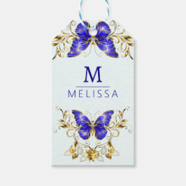 Chic Golden Flowers & blue butterflies monogrammat Presentetikett
