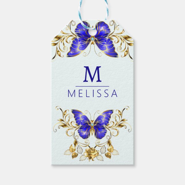 Chic Golden Flowers & blue butterflies monogrammat Presentetikett (Framsidan)