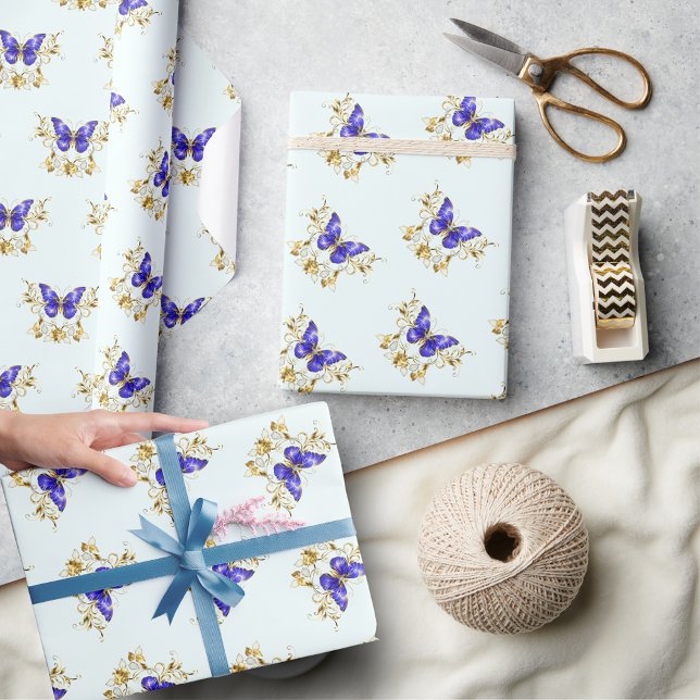 Chic Golden Flowers & blue butterflies monogrammat Presentpapper (Skapare uppladdad)
