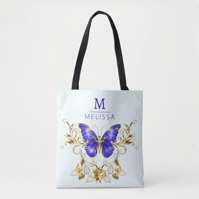 Chic Golden Flowers & blue butterflies monogrammat Tygkasse (Framsida)