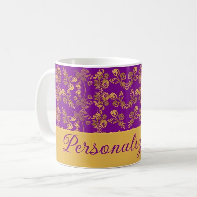 Chic Golden Flowers lila mönster | PERSONLIG Kaffemugg (Framsida vänster)