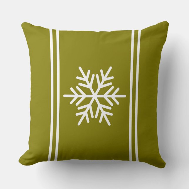 Chic Golden Olive Festive White Rand Snowflake Kudde (Framsida)