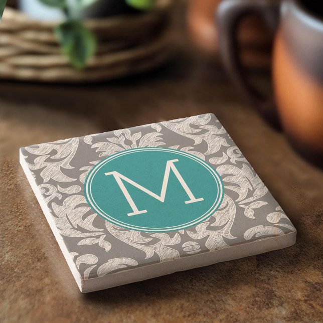 Chic Grå och Teal Damaskmönster Anpassad Monogram Underlägg Sten (Custom Stone Coaster)