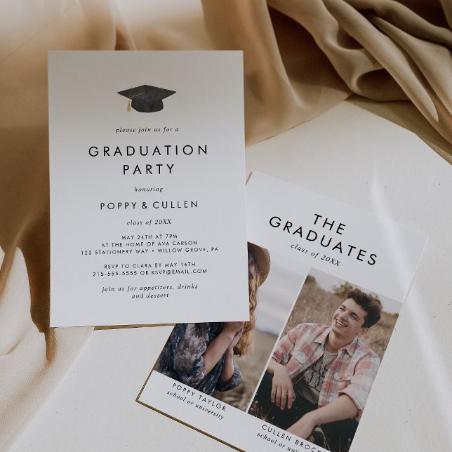 Chic Grad Cap Photo Dubbla Studentfest Inbjudningar (Skapare uppladdad)