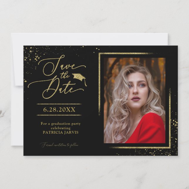 Chic Grad-fest Save The Date Guld Glitter Foto Inbjudningar (Framsida)