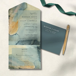 Chic Granite Blue Grönt Watercolor Bröllop
