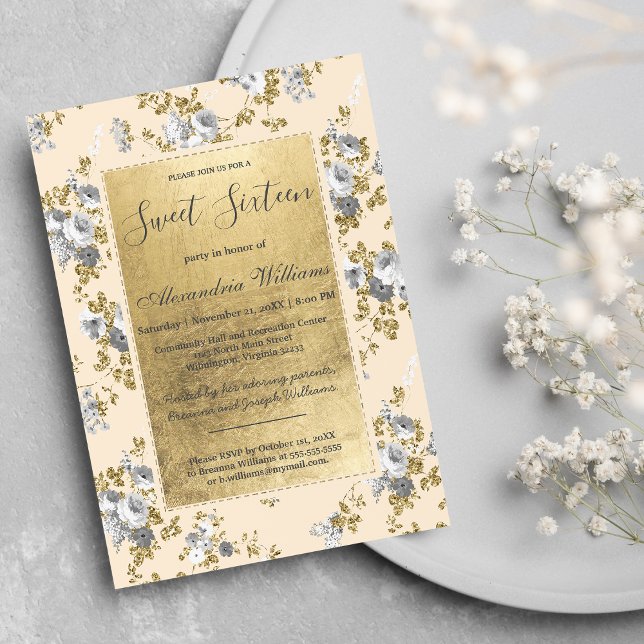 Chic grått guld glitter blommigt Söt 16 Invit Inbjudningar (Chic ivory gray gold glitter floral Sweet 16 )