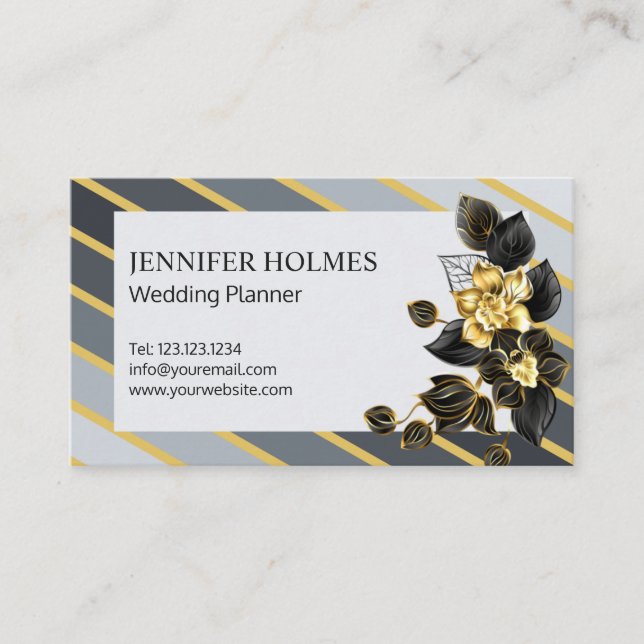 Chic Grått Guld Rand Orchid Blommigt Black Golden Visitkort (Framsida)