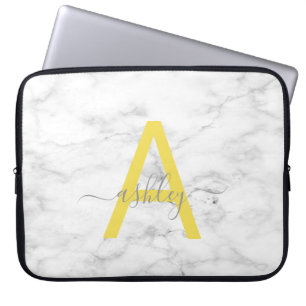 Chic Grått Gult Vit marble Script Namn Monogram Laptop Fodral