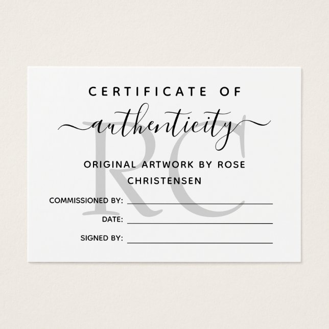 Chic Grått Monogram Authenticity-certifikat Visitkort (Framsidan)