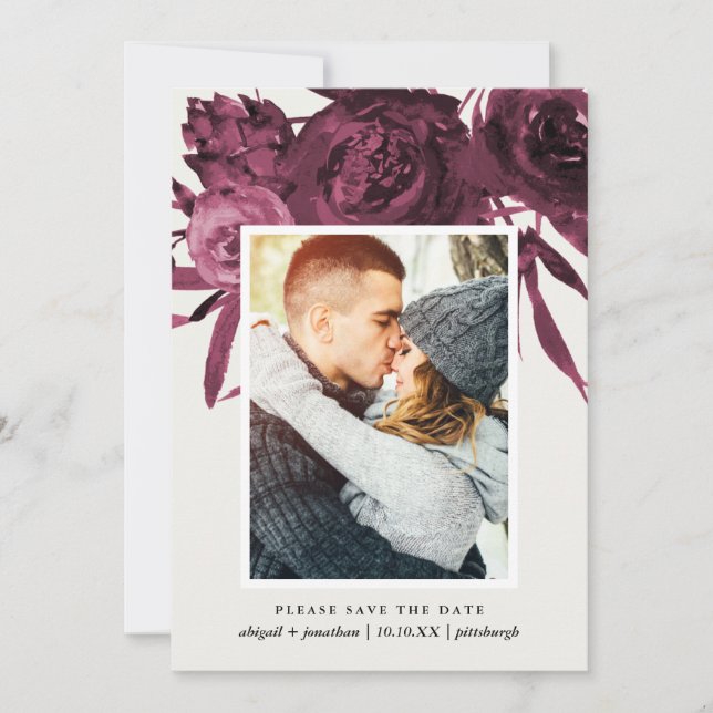 Chic Grått och Burgundy Blommigt Foto Spara datum Datumet (Framsida)