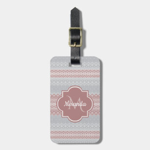 Chic Grått och Dusky Rosa Sticka Rand och Monogram Bagagebricka