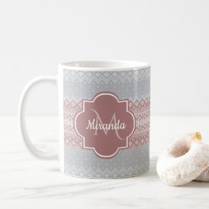 Chic Grått och Dusky Rosa Sticka Rand och Monogram Kaffemugg