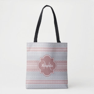 Chic Grått och Dusky Rosa Sticka Rand och Monogram Tygkasse