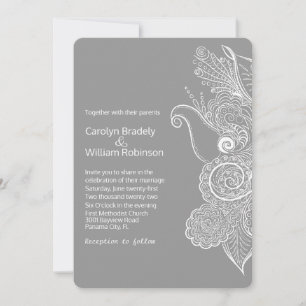 Chic Grått och vit Blommigt Mandala Bröllop Inbjudningar