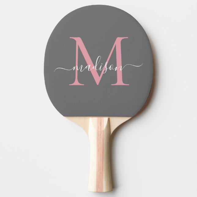 Chic Grått  Rosa Monogram Elegant Script Namn Pingisracket (Framsidan)