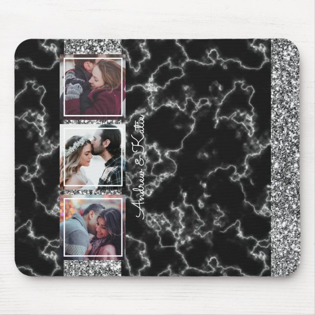 Chic Grått & svart Marble 3 Photo Collage anpassa Musmatta (Framsidan)