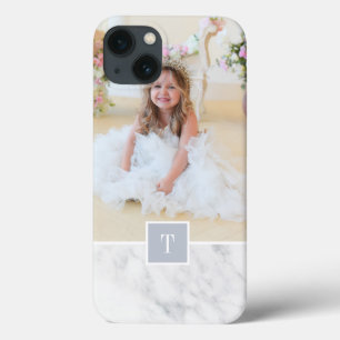 Chic Grått & vit marmorfoto och monogram