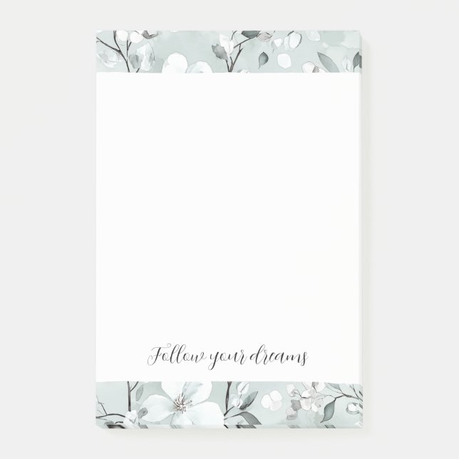 Chic Grått White Flowers Post-it Block (Framsida)