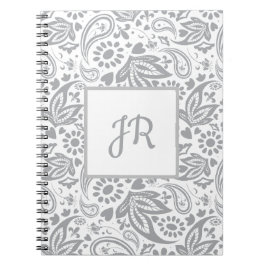 Chic Grått White Mönster Monogram Anteckningsbok