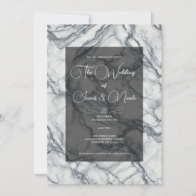 Chic Grått & White Trendig Marble Glam Bröllop Inbjudningar (Framsida)