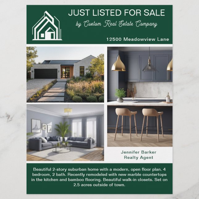 Chic Green Real Estate Home Listing 2 Sided Modern Reklamblad (Framsidan)