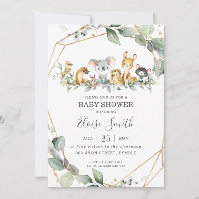 Chic Greenery Australian Animals Baby Shower Inbjudningar (Framsida)