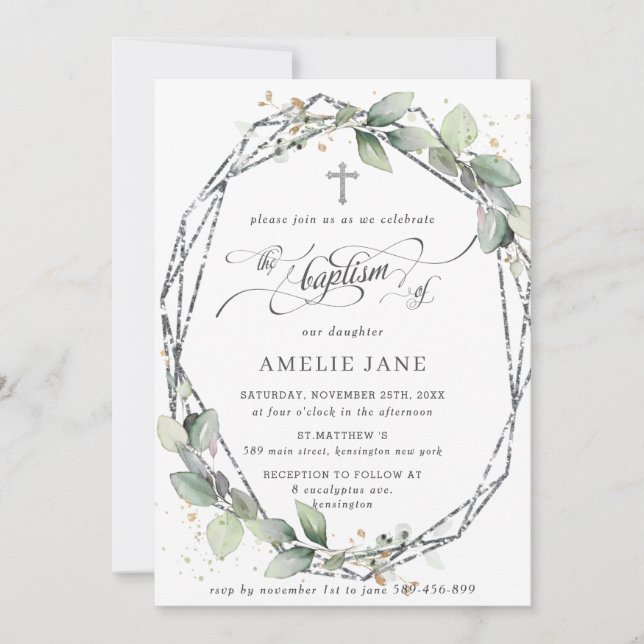 Chic Greenery Botanical Baptism Silver Geometric Inbjudningar (Framsida)