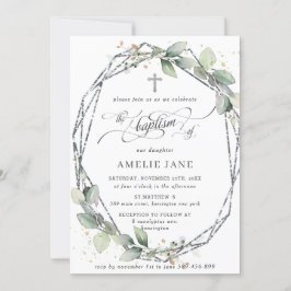 Chic Greenery Botanical Baptism Silver Geometric Inbjudningar