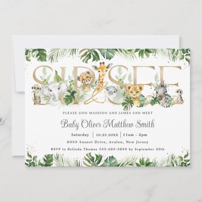 Chic Greenery Cute Jungle Animals Baby Sip och se Inbjudningar (Framsida)