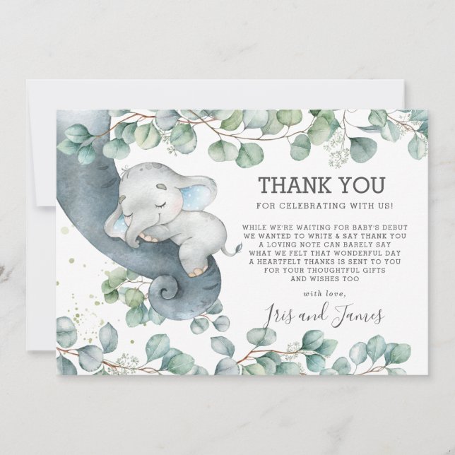 Chic Greenery Elephant Baby Shower Boy Tack Kort (Framsida)