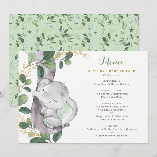 Chic Greenery Elephant Gender Neutral Baby Shower Meny (Fram/baksida)