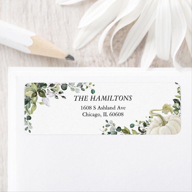 Chic Greenery Eucalyptus Pumpkin Thanksgiving Returadress Etikett (Insitu)