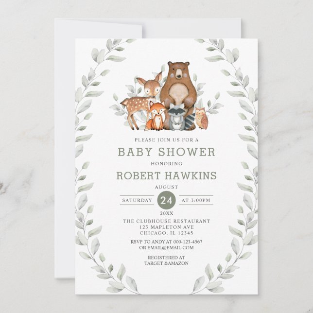 Chic Greenery Forest Woodland Animals Baby Shower Inbjudningar (Framsida)