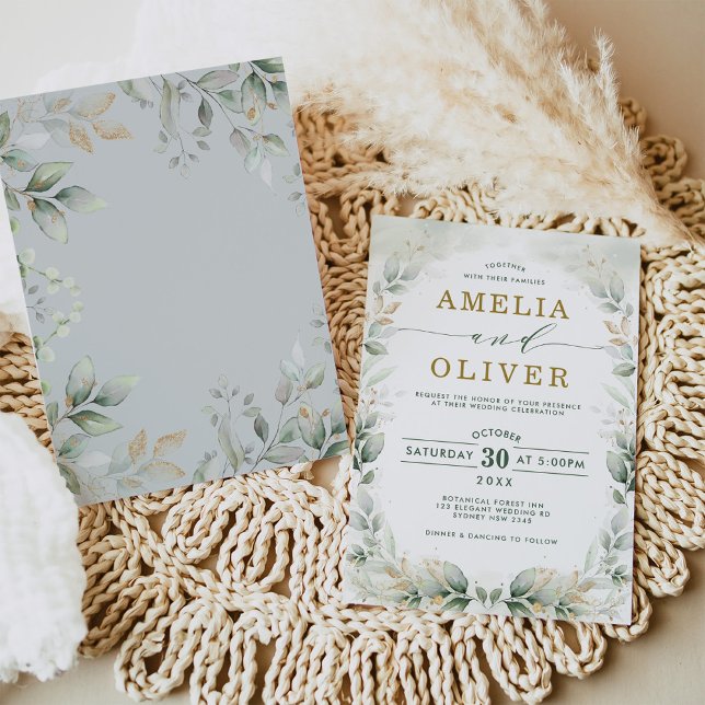 Chic Greenery Guld Leafy Eucalyptus Garden Wedding Inbjudningar (Skapare uppladdad)